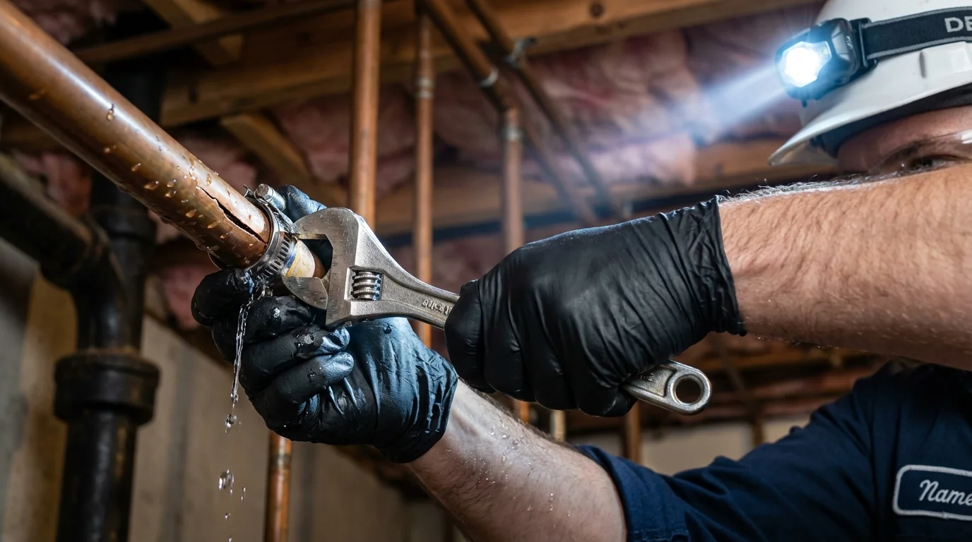 Emergency pipe clamp repair being performed by a Johns Plumbing LLC plumber in Tchula