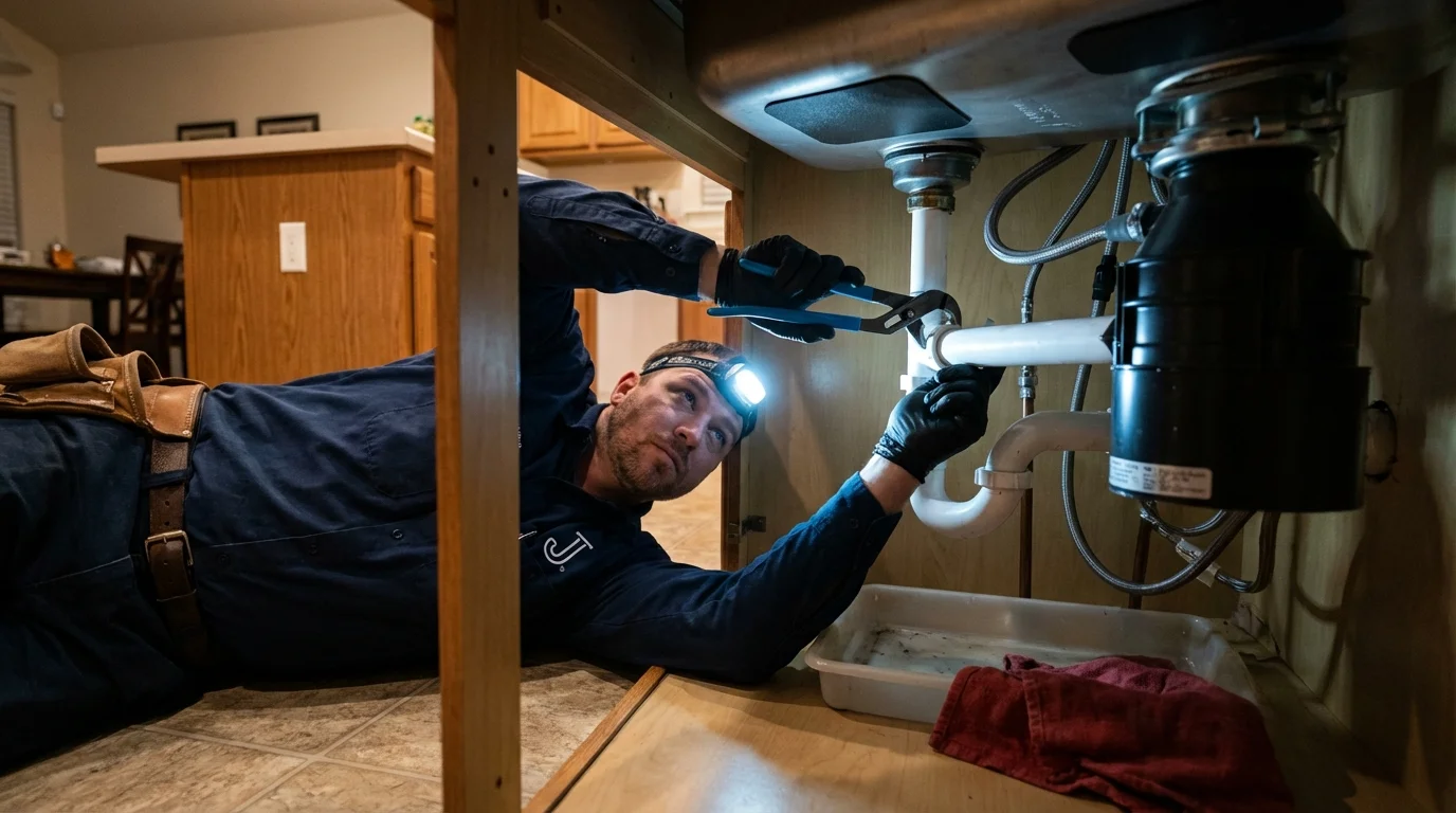 P-trap and supply line connections under a kitchen sink showing a common leak point in Tchula, MS